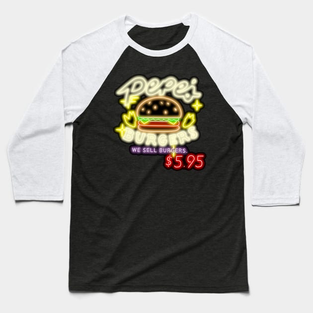 Neon Pepe's Burgers Logo from Steven Universe Baseball T-Shirt by gkillerb